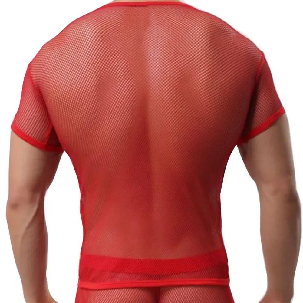 Men Mesh T Shirt Transparent Sexy Men See Through Fashion T-shirt Men Slim Fit Shiny Sexy T Shirt Party Nightclub Blouse Tops