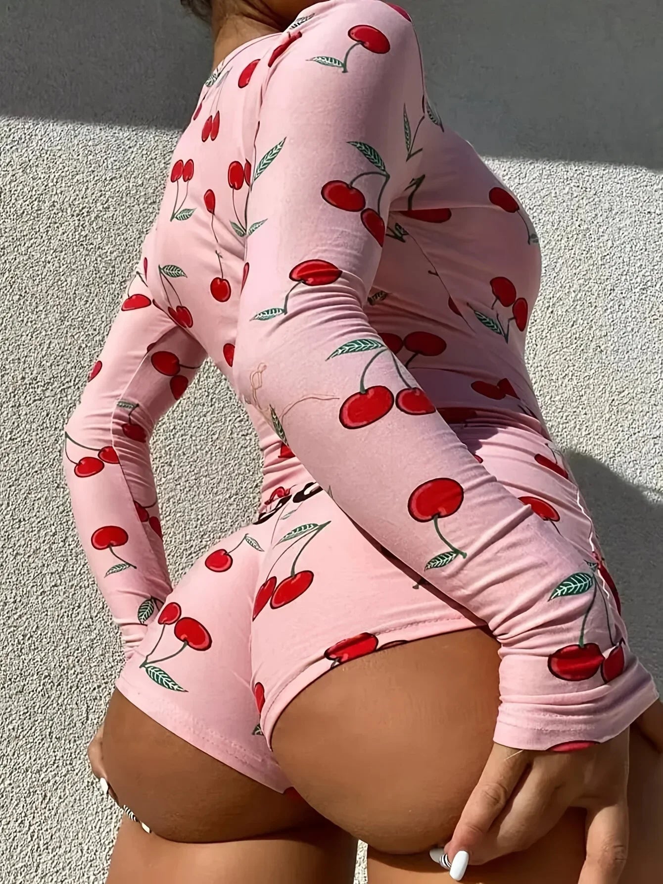 Casual Cherry Print V-neck Front Button Long Sleeve Onesies/ Bodysuit