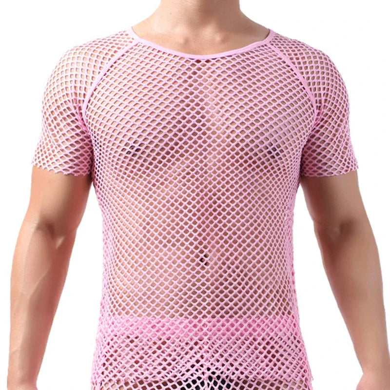New Men Mesh Sheer T-shirt Training Fish Net Tops Short Sleeves See Through O-Neck Singlet Tees