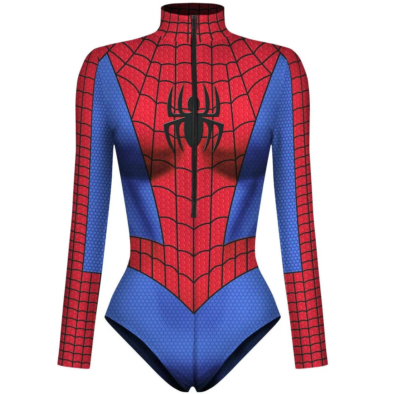 Red and blue superhero bodysuit with spider emblem on a white background