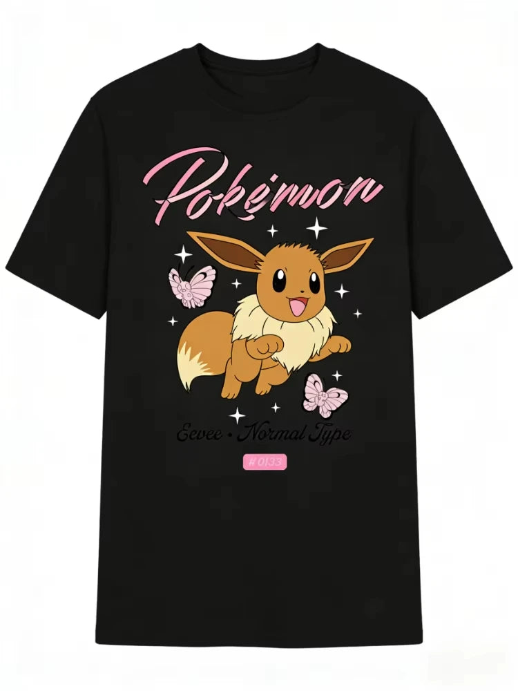 Pokemon Genie Eevee Butterfly Print Short Sleeve Comfortable T-Shirt