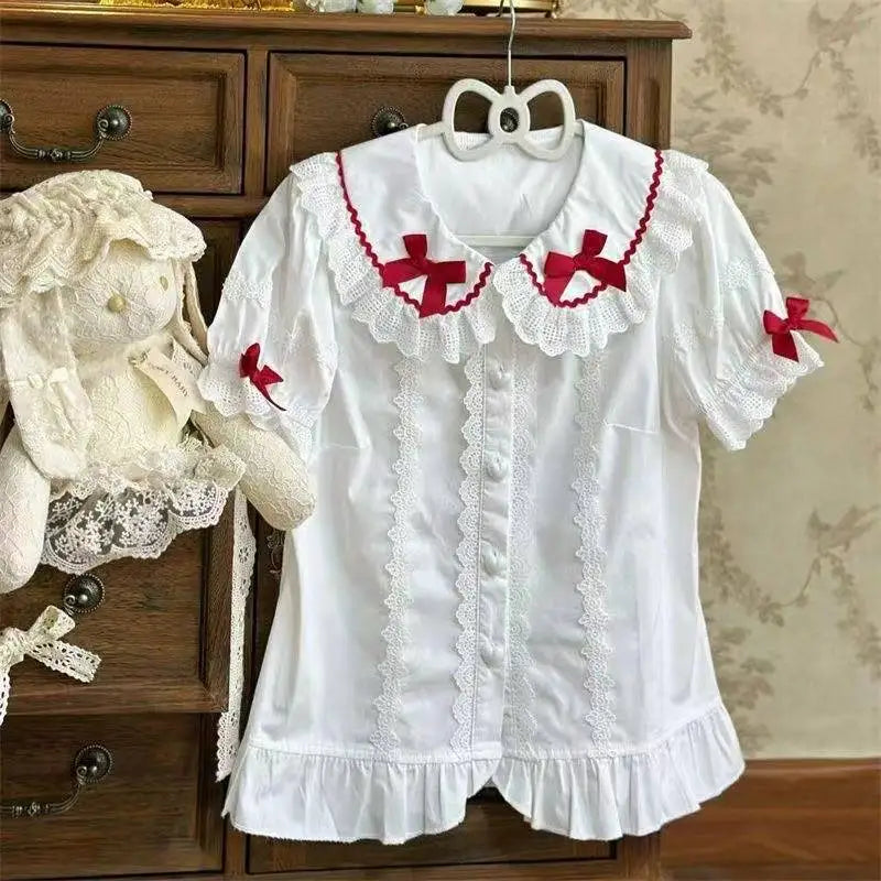 Japanese Cute  Blouses Unisex Kawaii All-match Peter Pan Collar Summer Shirt Tops Sweet Puff Sleeve Chic Blouse