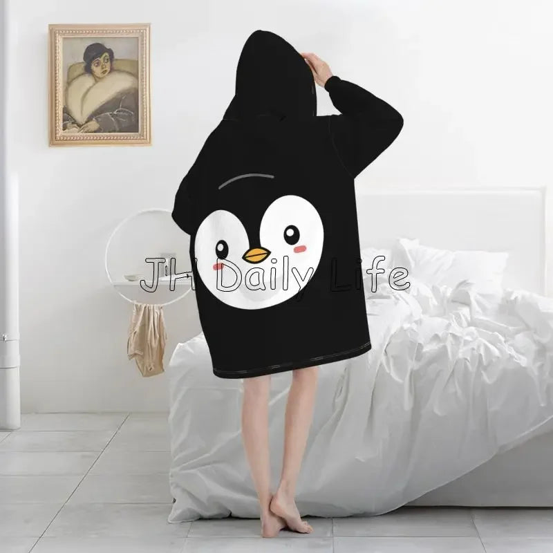 Penguin Wearable Flannel Blanket Hoodie Oversized Hooded Blanket Soft Pullover Sweatshirt Fleece Sherpa Blankets with Pockets