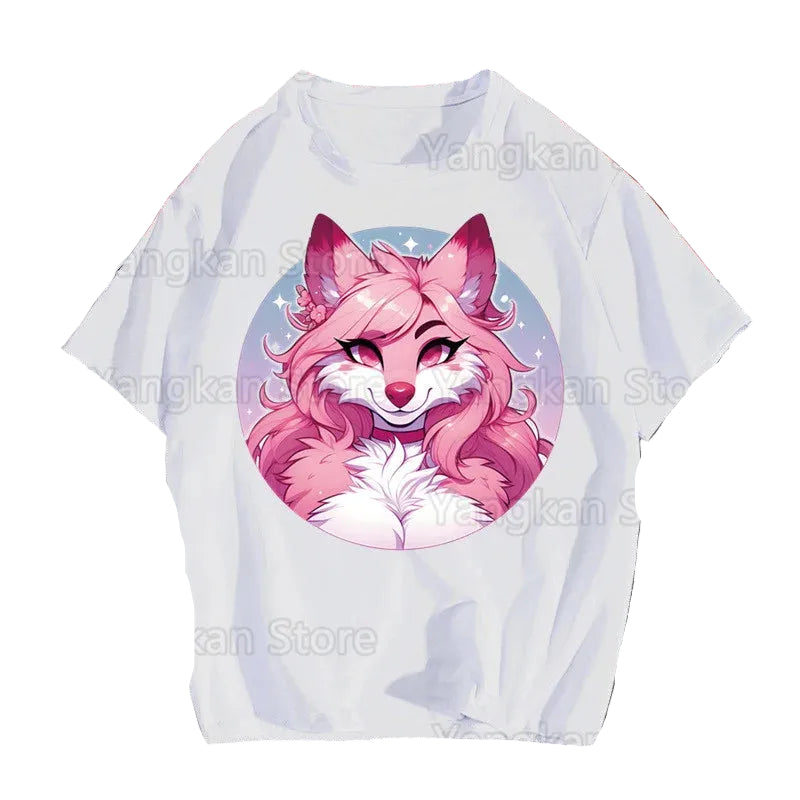 White t-shirt with pink fox graphic on a grid surface with shoes and books.