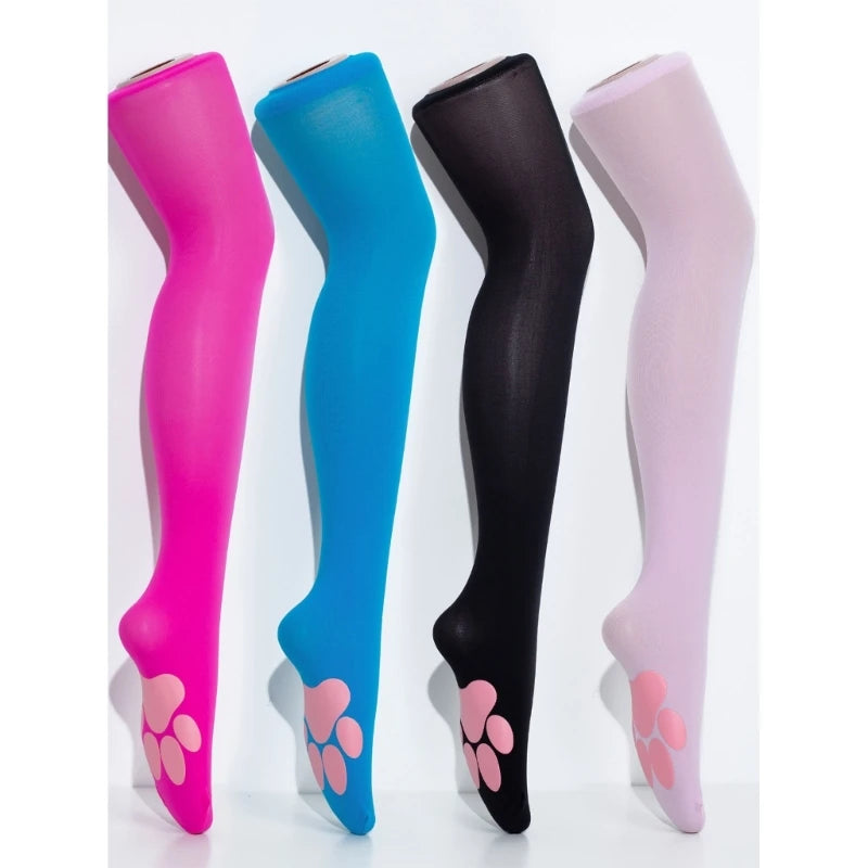 Four pairs of colorful tights with paw print cuffs on a white background