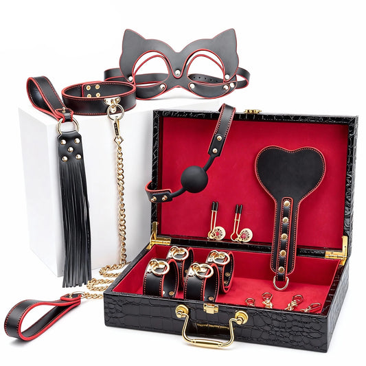 Genuine Leather BDSM Bondage Kits Sex Toys for Couples Handcuff Ankle Cuffs Collar Gag Hogtie Restraints SM Set Adult Love Games