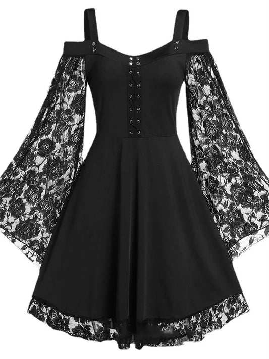 New Gothic One-shoulder Lace Vintage Look Stitching Flared Sleeve Dress