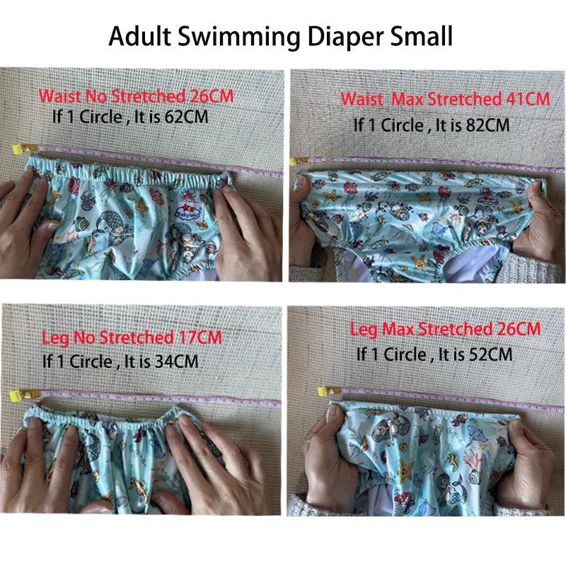 Measurement chart for an adult swimming diaper showing waist and leg stretches.
