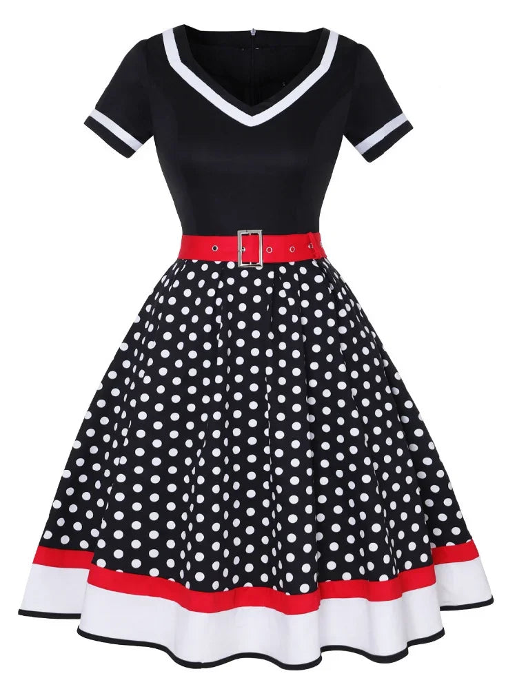 Vintage 50s 60s Mummy Vintage Party Dress With Belt Polka Dot Print Short Sleeve Hepburn Robe Pin Up Rockabilly Dresses