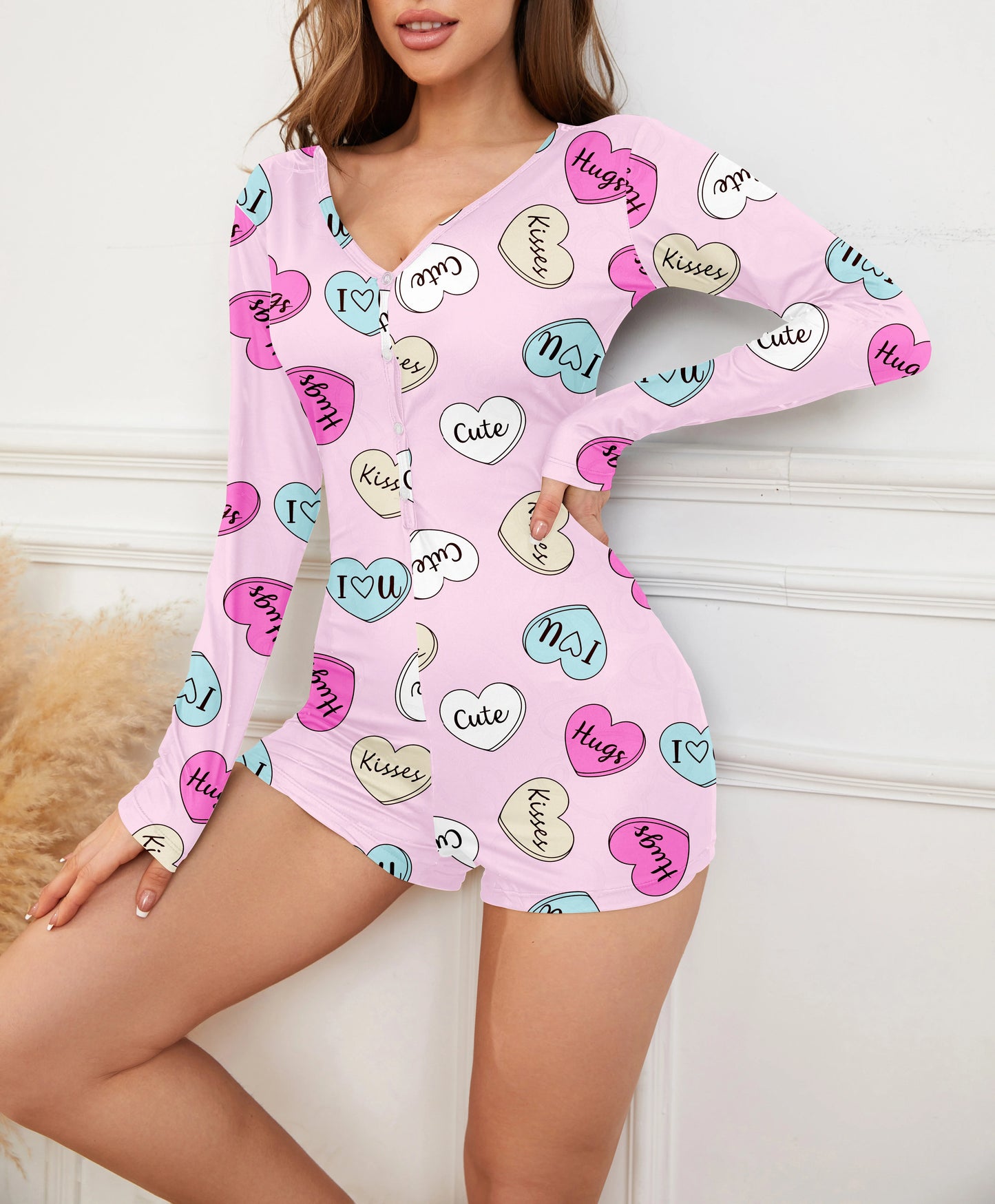 Pajama Sets, Heart & Letter or Lips & Kisses One Piece Short Sleeve Romper with Pants