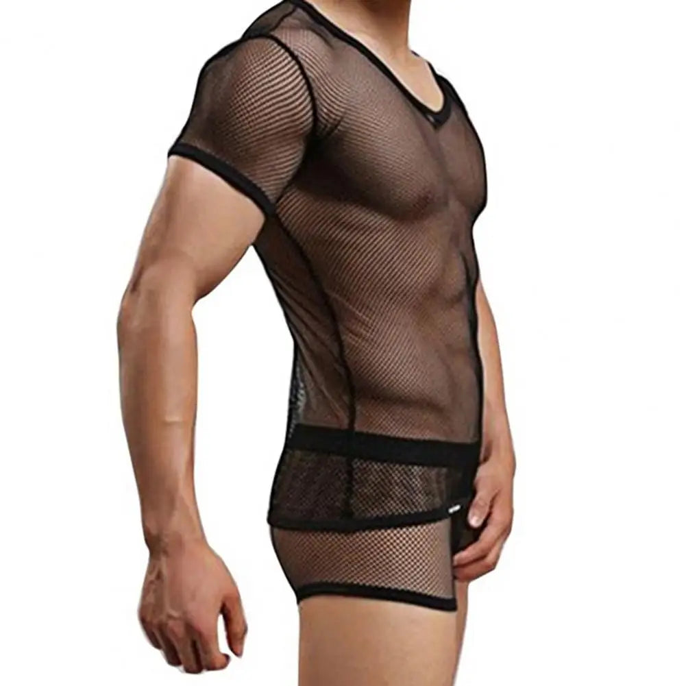 Men Mesh T Shirt Transparent Sexy Men See Through Fashion T-shirt Men Slim Fit Shiny Sexy T Shirt Party Nightclub Blouse Tops