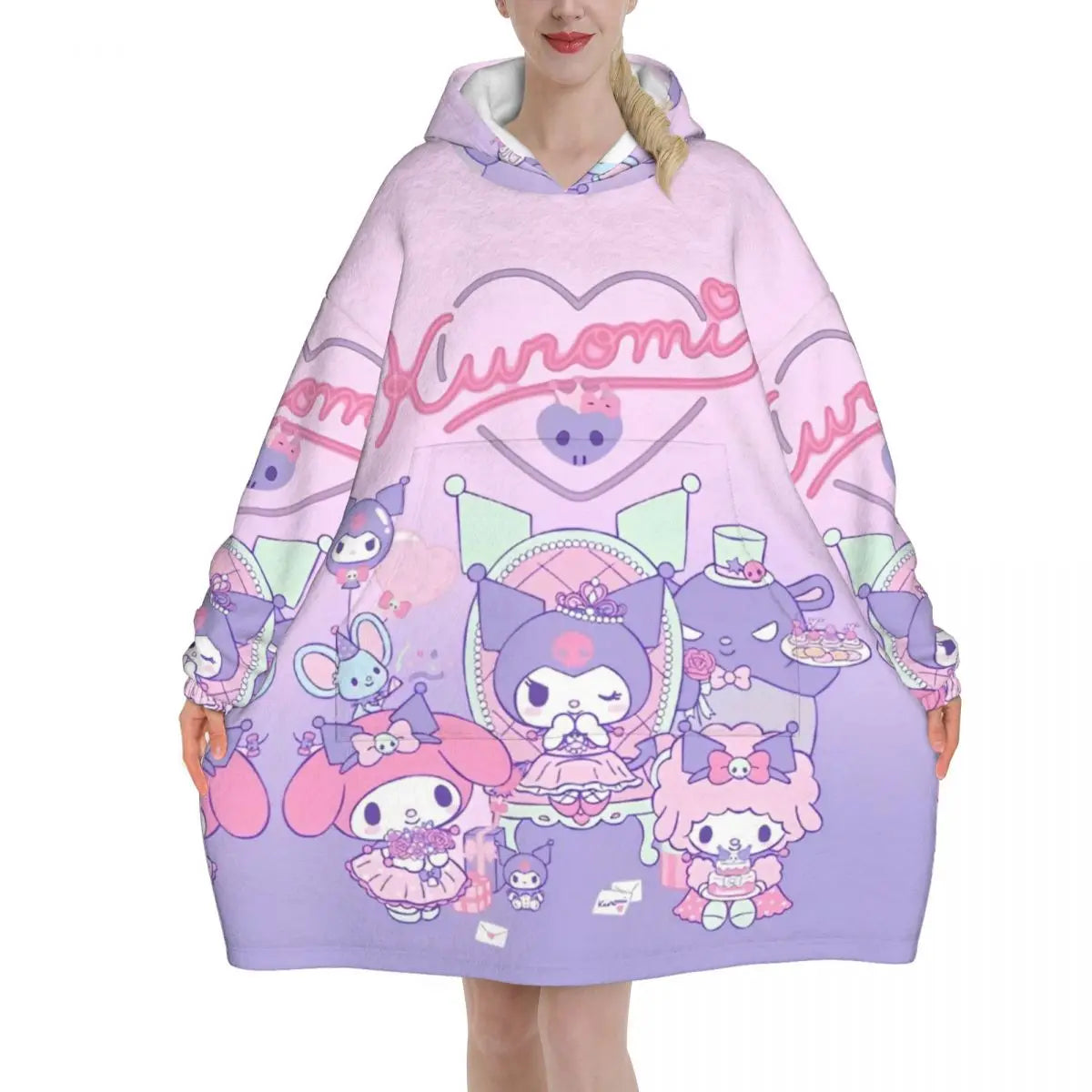 My Melody And Kuromi Blanket Hoodie Wearable Cute Cartoon Blanket Large with Pocket Warm Onesie