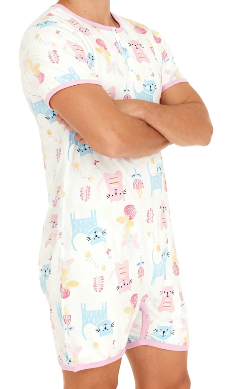 Pink Cat Bodysuit with Short Leg for Adults Onesie ABDL Clothes