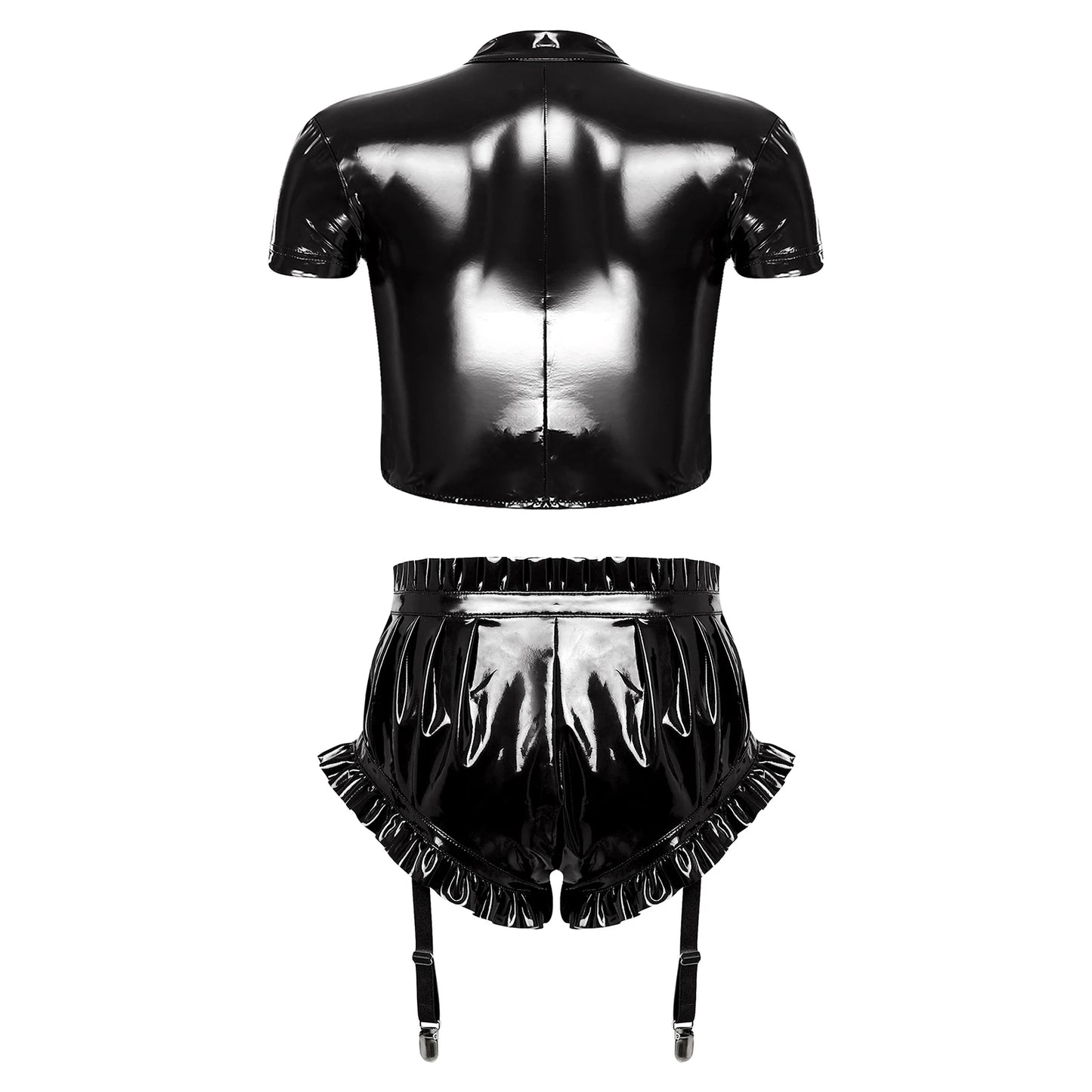 Unisex Wet Look PU Leather Rave Outfit Two Pieces