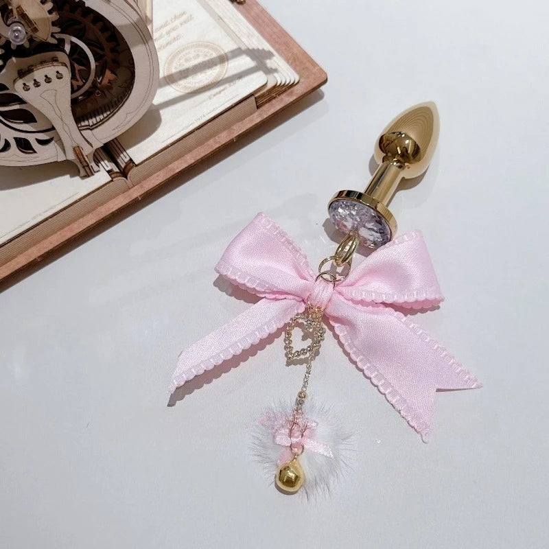 Pink Bow Nipple Clips Heart-Shaped Gemstone Collar Leash Set with Body Chain