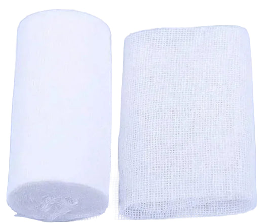 Roll of white gauze on a light purple background