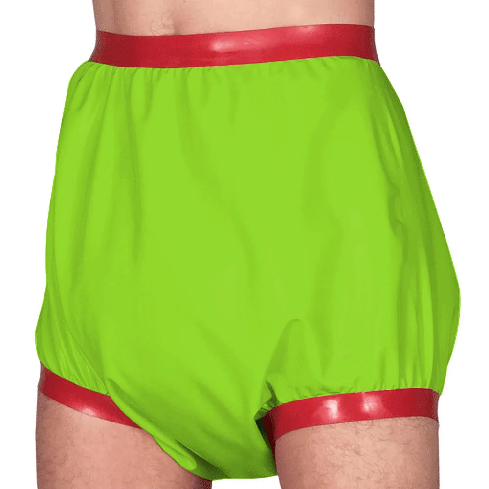 Adult Baby High Waisted Diaper Pants Wet look PVC Leather Patchwork Wide Thigh Shorts