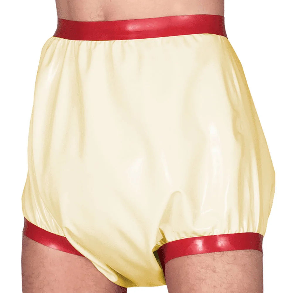 Adult Baby High Waisted Diaper Pants Wet look PVC Leather Patchwork Wide Thigh Shorts