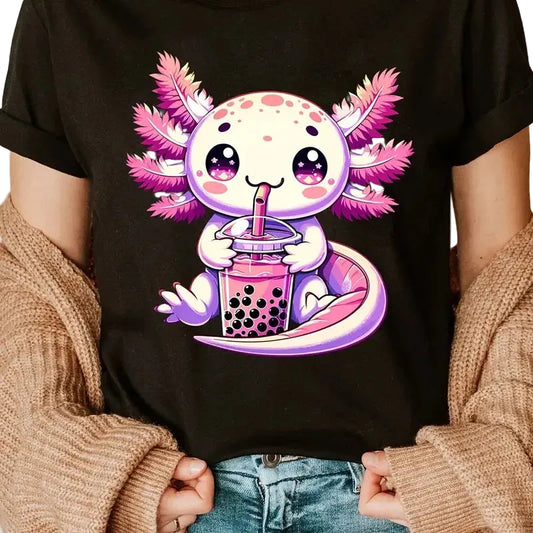 Person wearing a black t-shirt with a cute axolotl design drinking bubble tea.