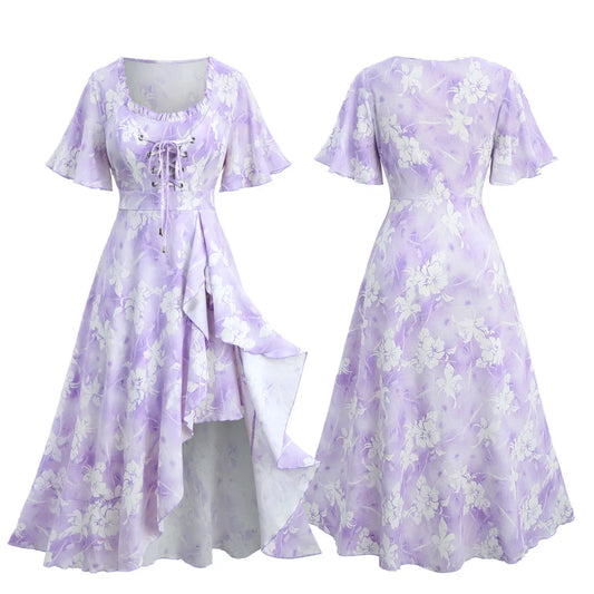 ROSEGAL Plus Size Tie Dye Floral Print Ruffles Lace-Up Dress