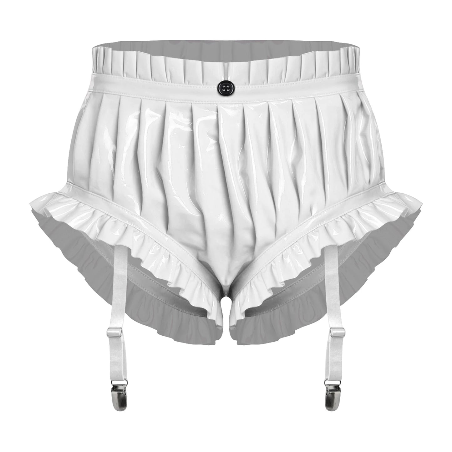 Unisex Wet Look Lingerie Latex Shorts Patent Leather Ruffle Trim with Garter Clips