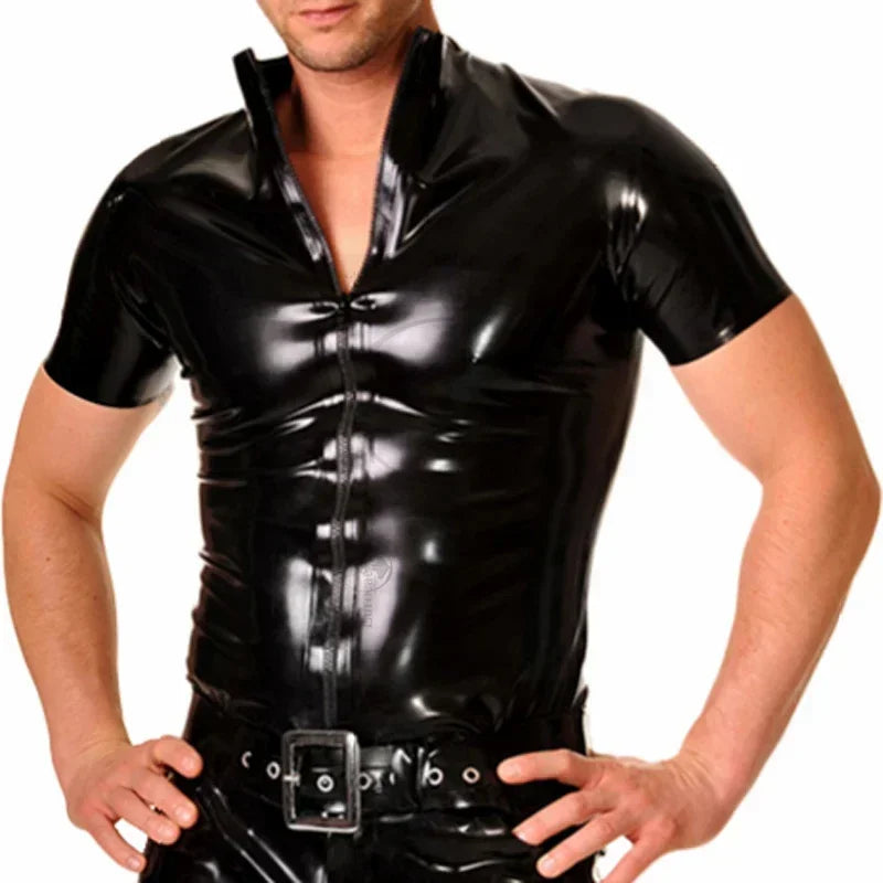 Black Mens Latex Shirt With Zipper At Front Short Sleeves Turn Down Collar
