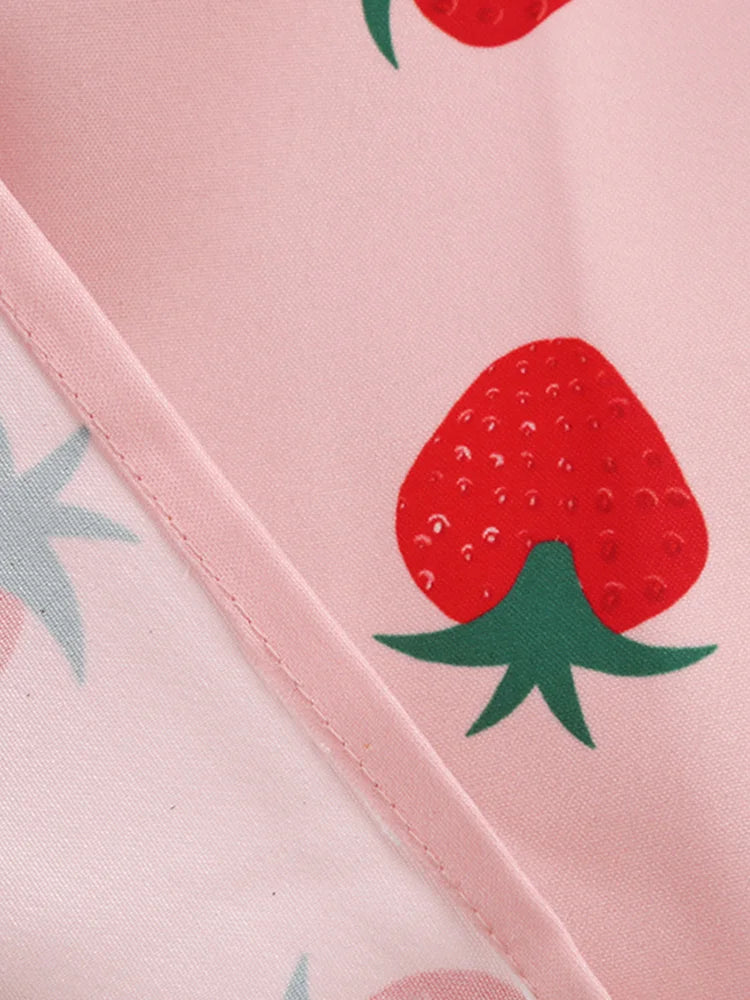 Pink,Black or Blue V-Neck Short Sleeve Pleated Vintage Strawberry Dress with Belt for Women Belt
