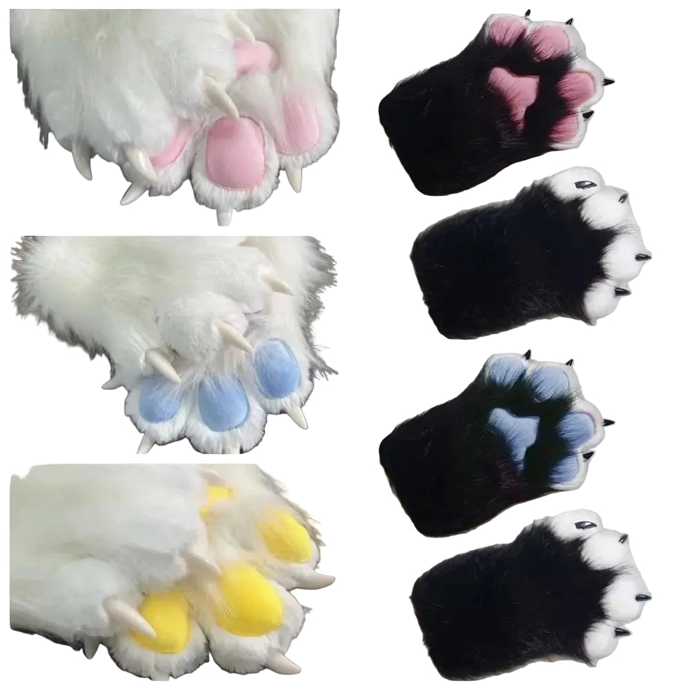 Collage of paw-shaped gloves in various colors on a textured surface.