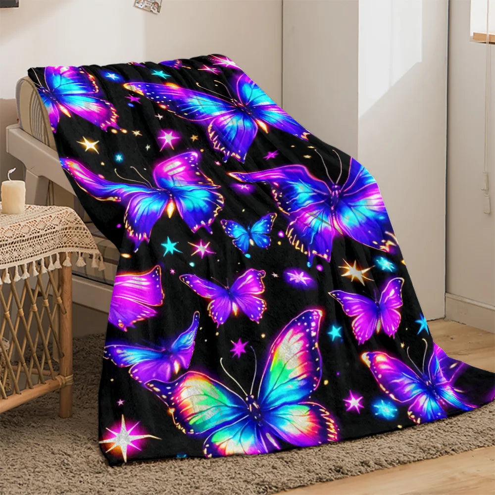 1pc Glowing Butterflies Galaxy Night Sky Flannel Blanket Cosmic Art Design Soft Cozy Throw For Bedroom