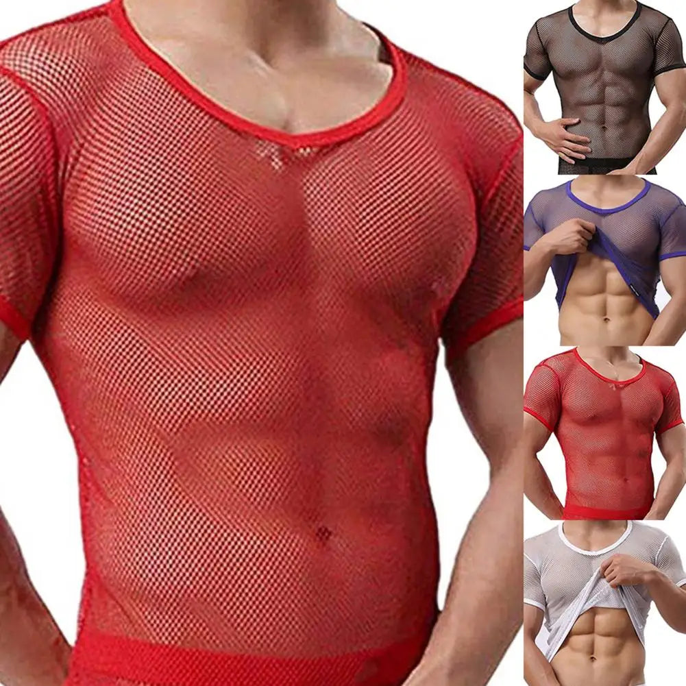 Men Mesh T Shirt Transparent Sexy Men See Through Fashion T-shirt Men Slim Fit Shiny Sexy T Shirt Party Nightclub Blouse Tops