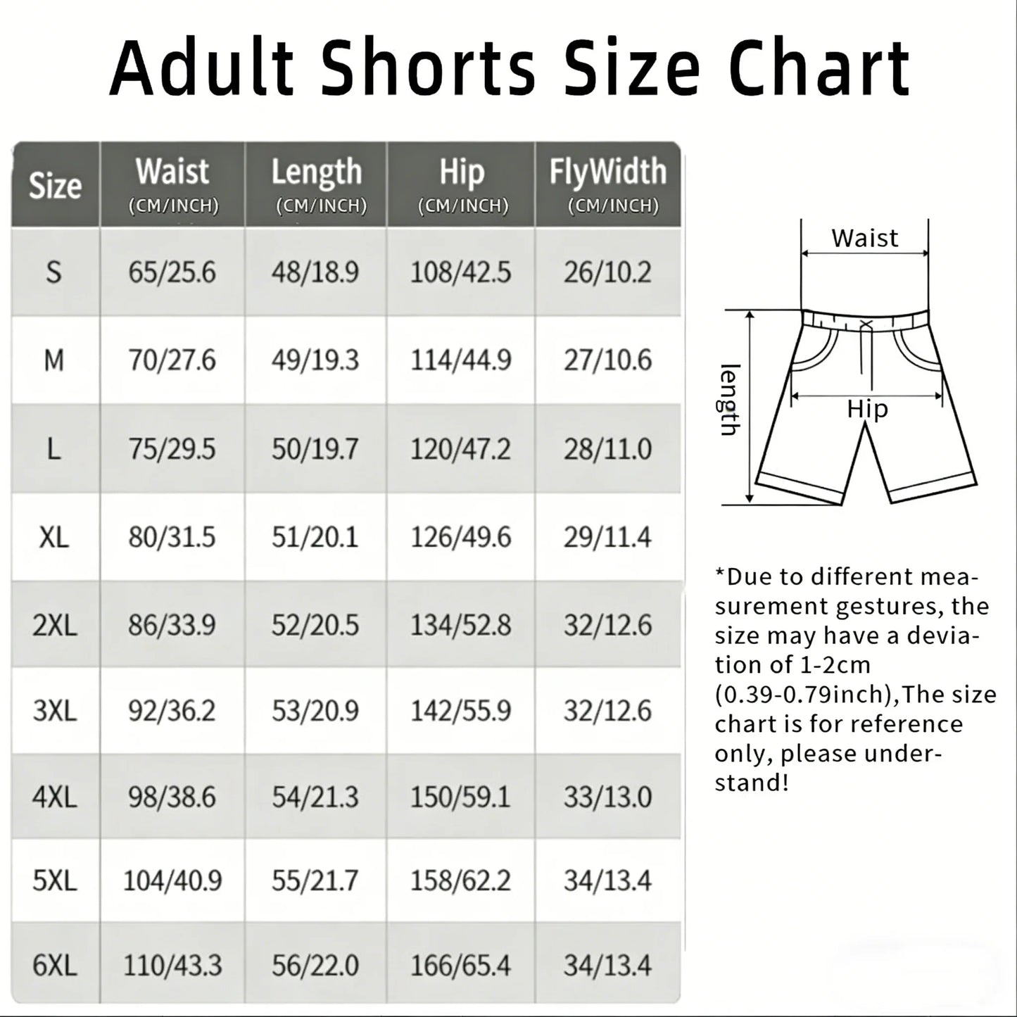 Adult shorts size chart with measurements in centimeters and inches.