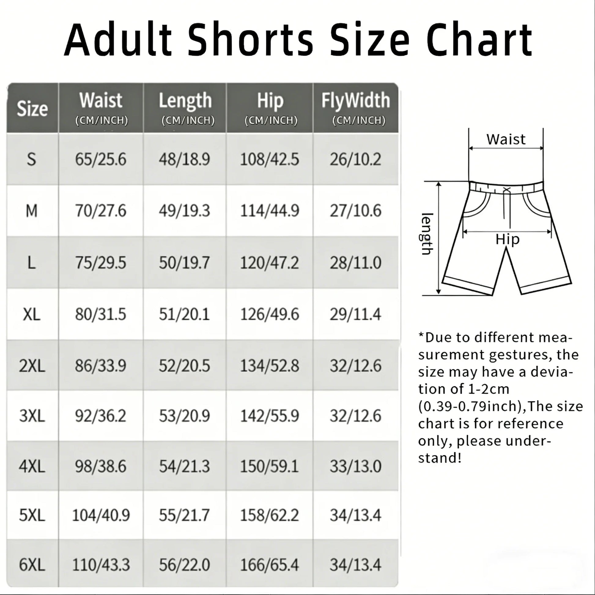 Adult shorts size chart with measurements in centimeters and inches.