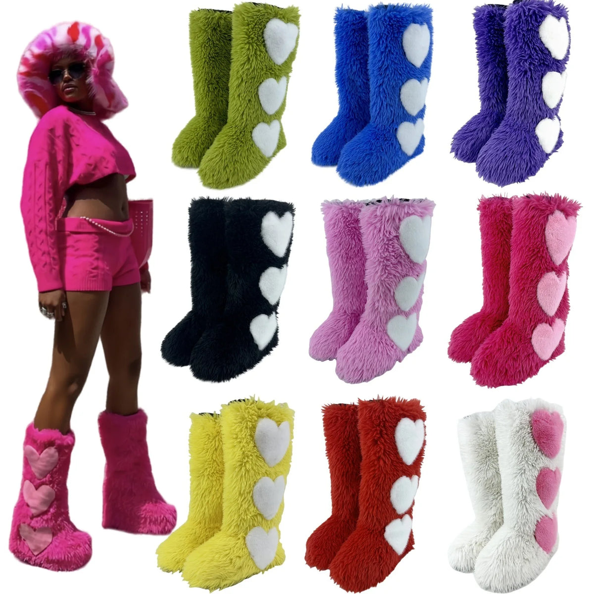 New Winter Flat Long  Lined Thickened Waterproof Warm Heart Pattern Snow Boots