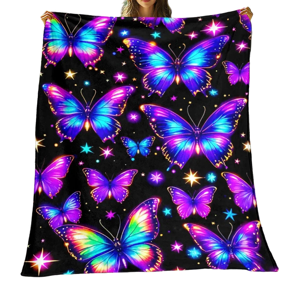 1pc Glowing Butterflies Galaxy Night Sky Flannel Blanket Cosmic Art Design Soft Cozy Throw For Bedroom