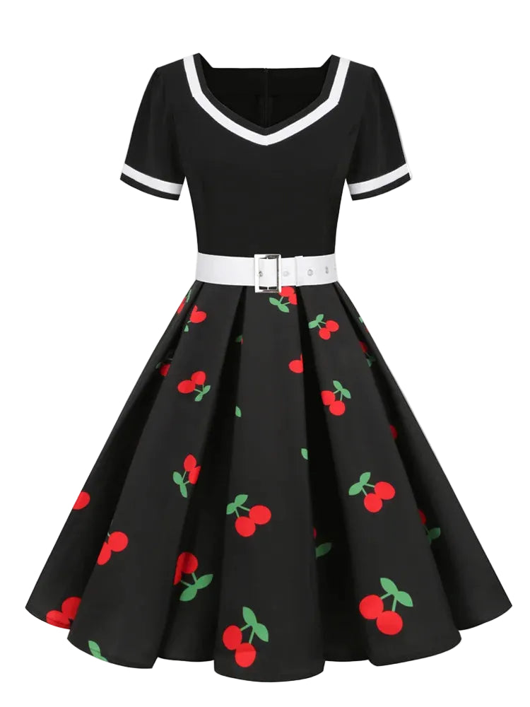 Pink,Black or Blue V-Neck Short Sleeve Pleated Vintage Strawberry Dress with Belt for Women Belt