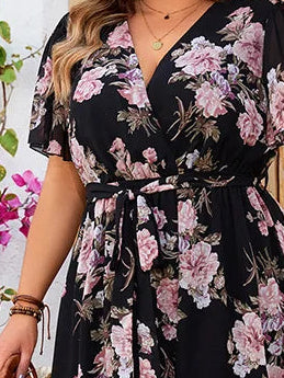 GIBSIE Plus Size Surplice Neck Butterfly Sleeve Belted Dress