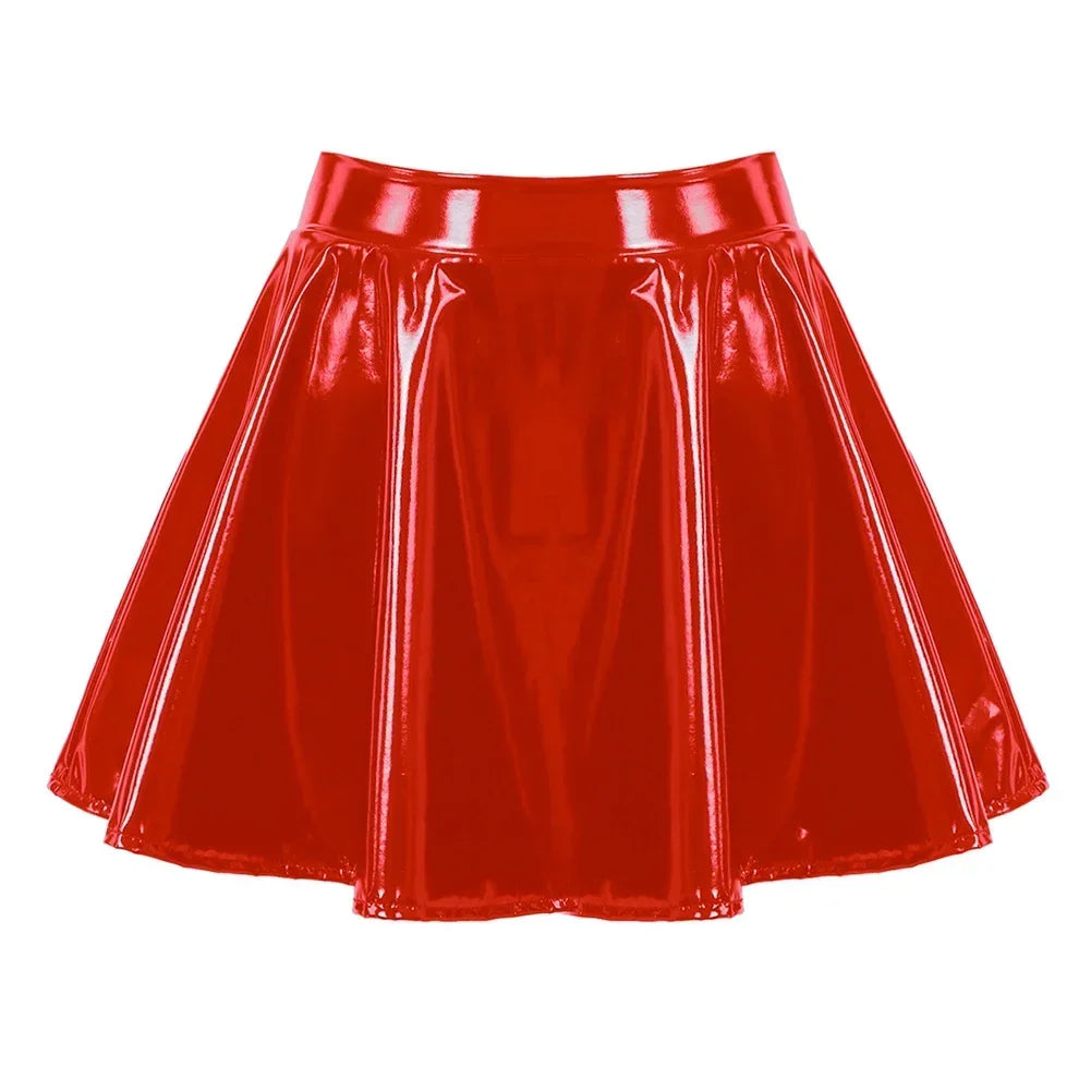Glossy Short Pleated Skirts Patent Leather Miniskirt