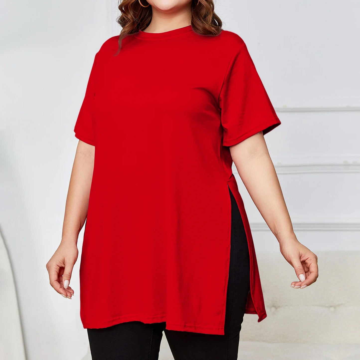 Plus Size Mid-length Slit T-shirt Solid Color Round Neck Short Sleeve