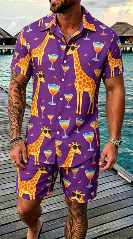 Cool animal print vacation set, short sleeved shirt and shorts, suitable for beach vacations and fun tropical outfits.