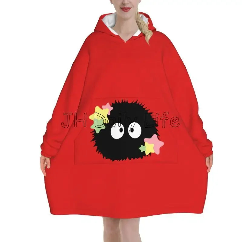 Blanket Hoodie Cute Soot Sprites Oversized Sweatshirts Blanket Warm Cozy Flannel Fleece Sherpa Blankets with Pockets