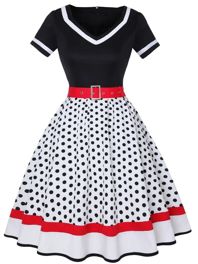 Vintage 50s 60s Mummy Vintage Party Dress With Belt Polka Dot Print Short Sleeve Hepburn Robe Pin Up Rockabilly Dresses