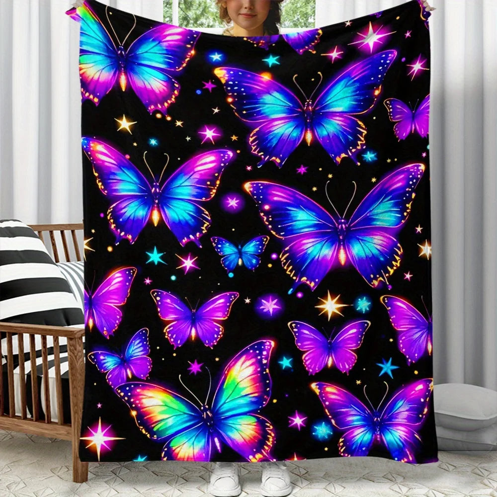 1pc Glowing Butterflies Galaxy Night Sky Flannel Blanket Cosmic Art Design Soft Cozy Throw For Bedroom