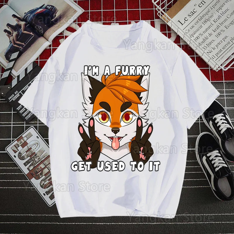 White t-shirt with a cartoon fox design and text on a grid background