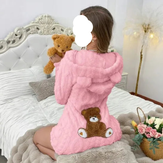 Cute Plush Bear Embroidery Coral Unisex Loose Hooded Long Sleeve Sleepwear