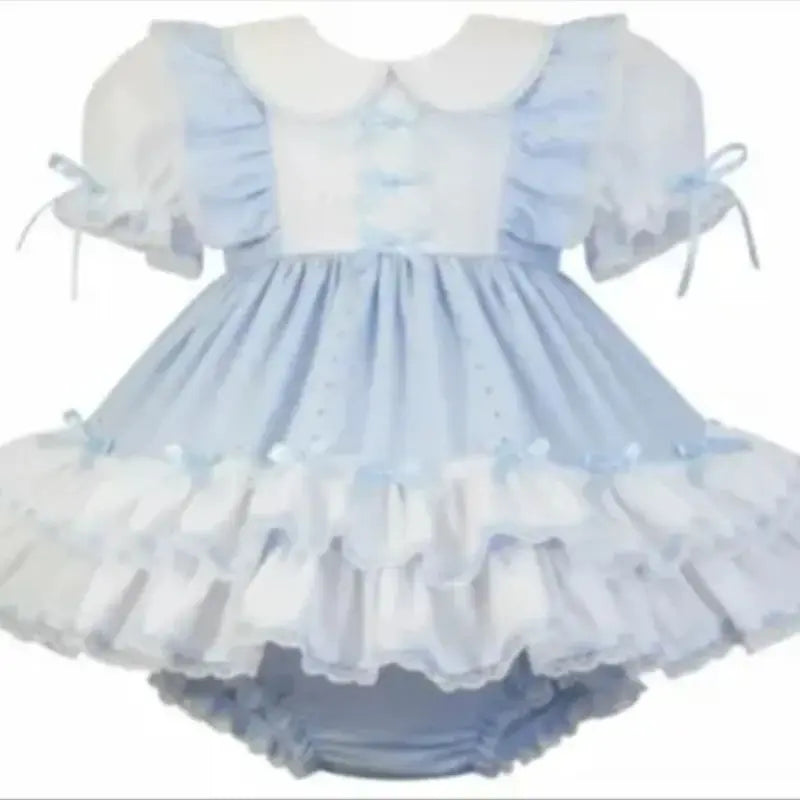 Sky Blue Soft Cotton Dress with White Doll Collar Elastic Pleats Cuffs Matching Bow Embellished Shorts