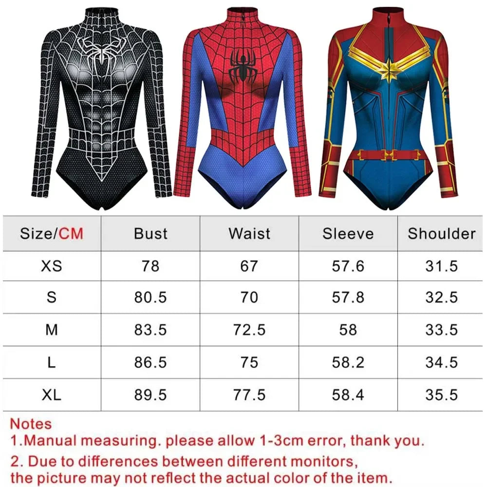 Three superhero-themed bodysuits with a size chart below on a white background.