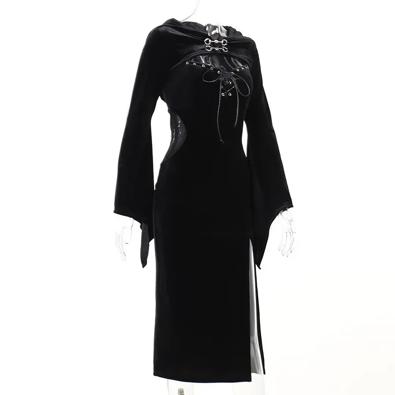 Gothic Long Dress With Hat and See Through Velvet Lace Cutout High Slit Long Sleeve