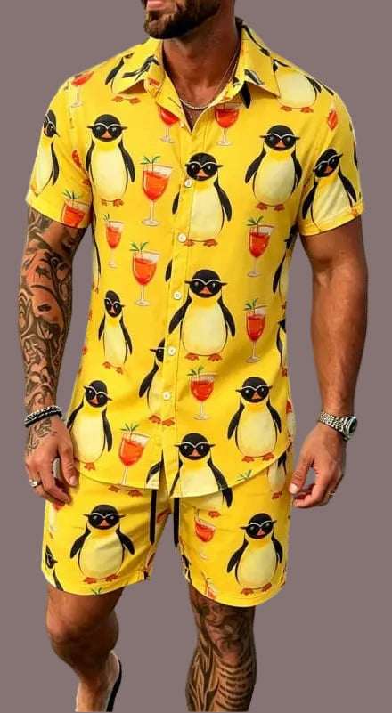 Cool animal print vacation set, short sleeved shirt and shorts, suitable for beach vacations and fun tropical outfits.