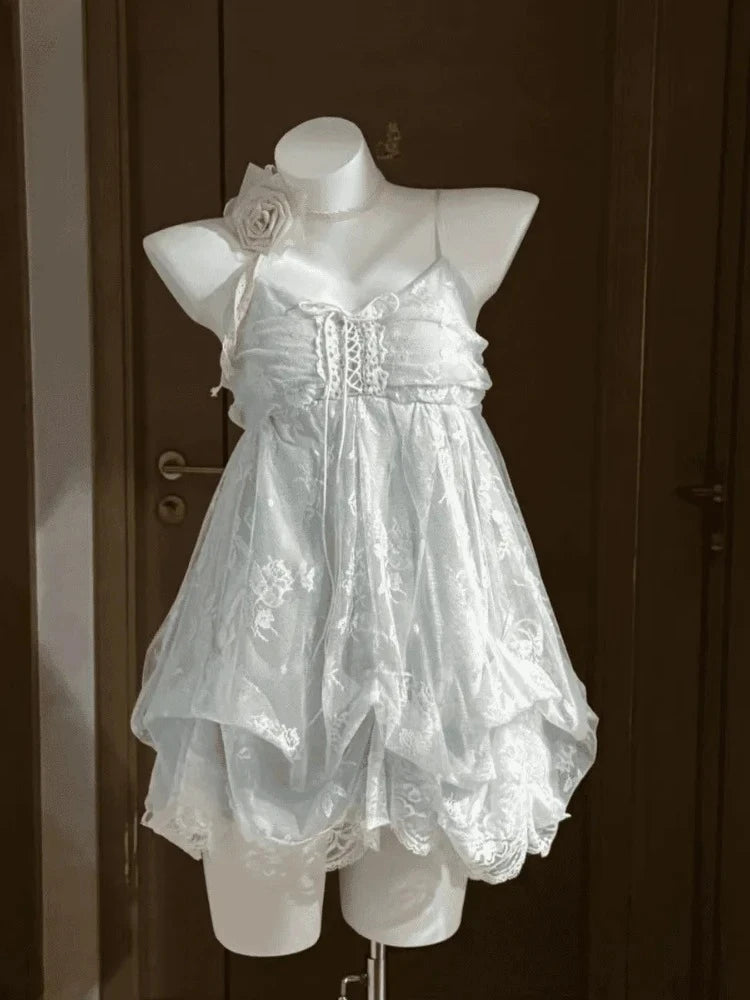 Vintage Elegant Ruffle Lace Chiffon Design Mini Skirt Suit
