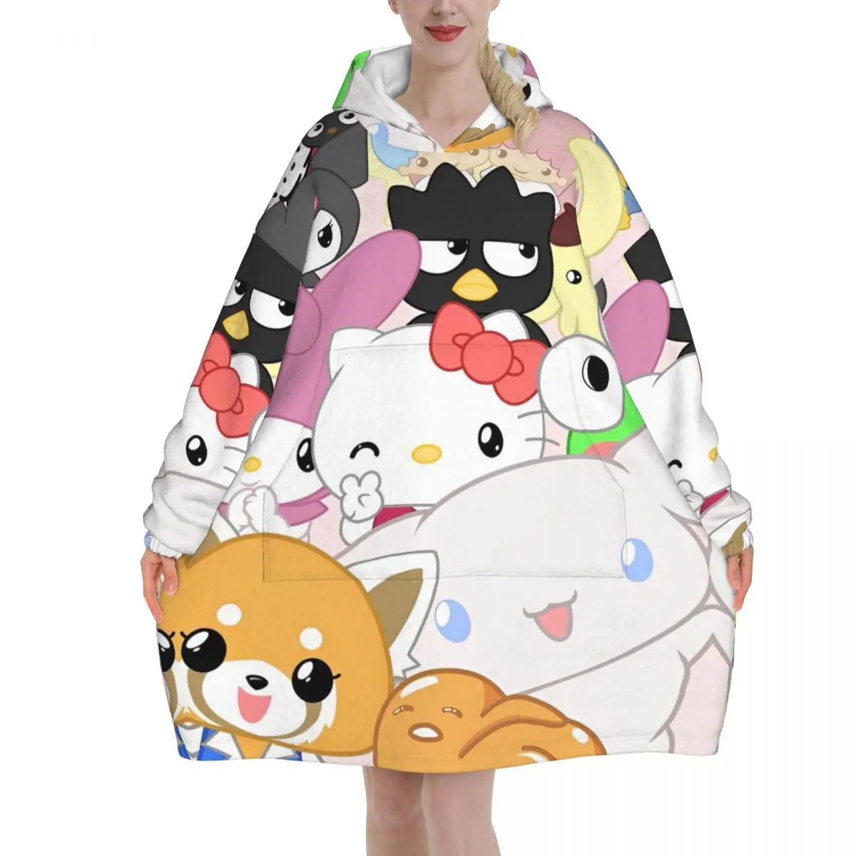 Hello Kitty Cartoon Blanket Hoodie Wearable Blanket Large with Pocket Warm Sleeping Bag Soft Cozy Onesie